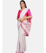Unitex Fashion Off white with pink border linenSAREE