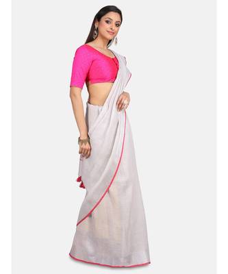 Unitex Fashion Off white with pink border linenSAREE 3