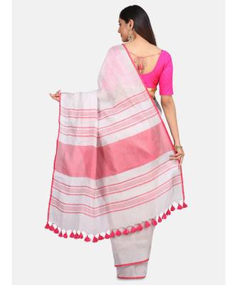 Unitex Fashion Off white with pink border linenSAREE 5