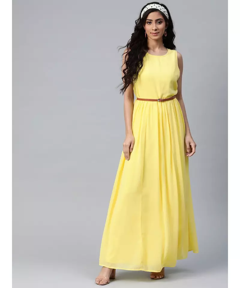 Yellow Sleeveless Belted Maxi Dress