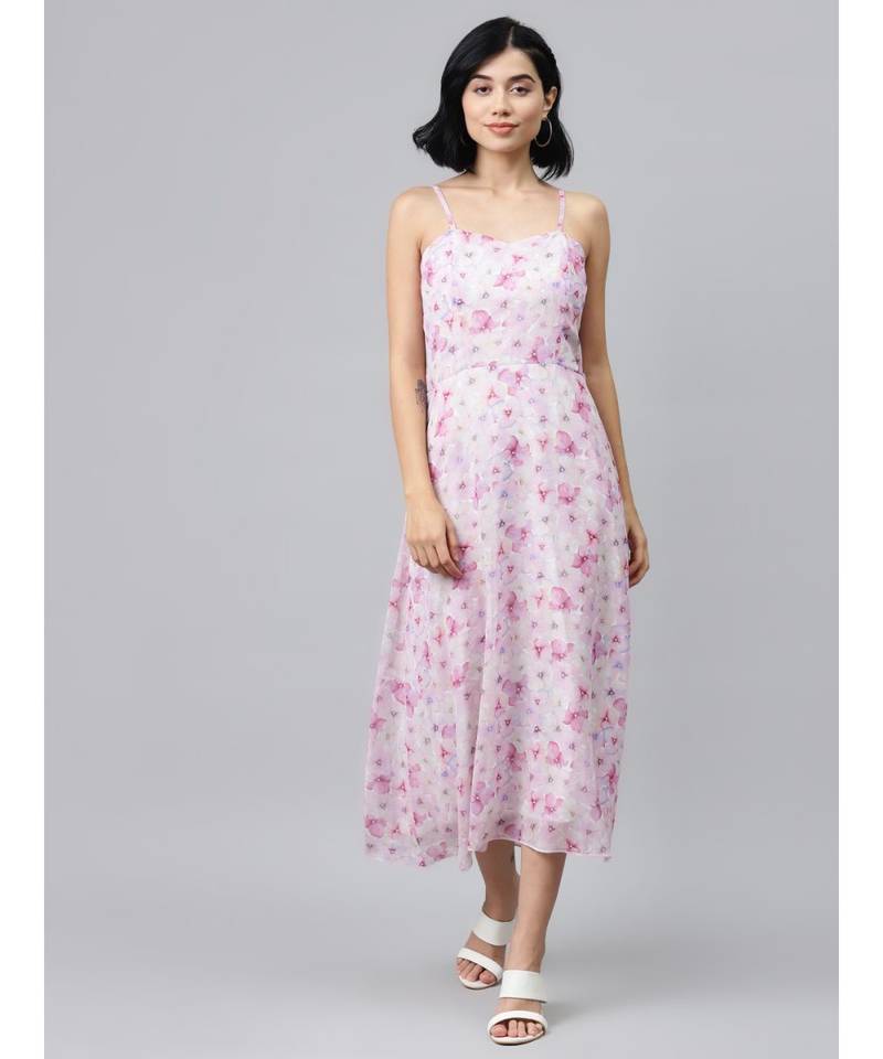 Pink Floral Strappy Midi Dress