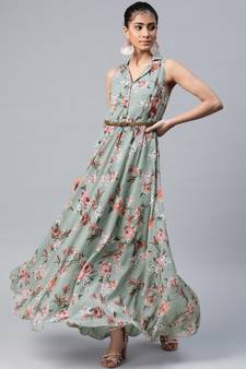 Olive Floral Notch Collar Maxi Dress