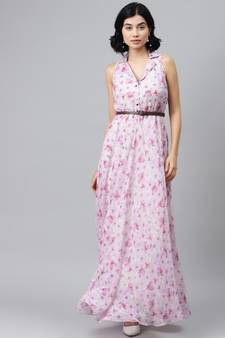 Pink Floral Notch Collar Maxi Dress