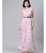 Pink Floral Notch Collar Maxi Dress