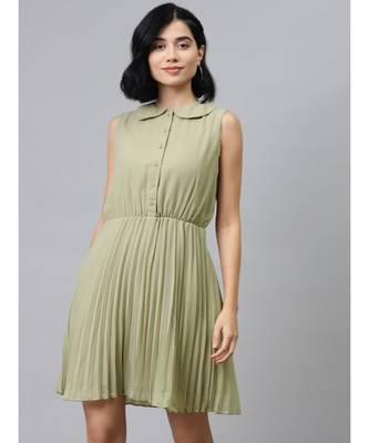 Olive Peterpan Sleeveless Pleated Belted Dress 1