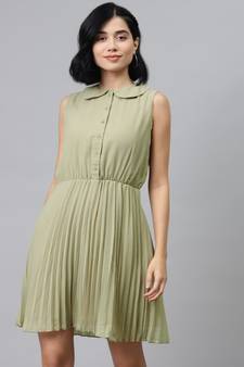 Olive Peterpan Sleeveless Pleated Belted Dress