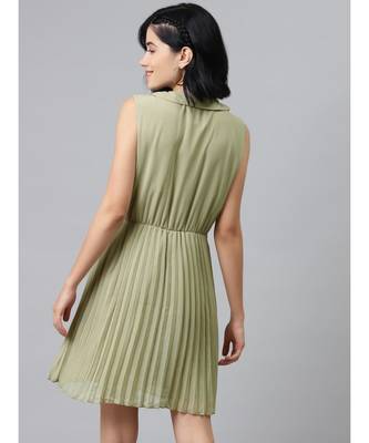 Olive Peterpan Sleeveless Pleated Belted Dress 3