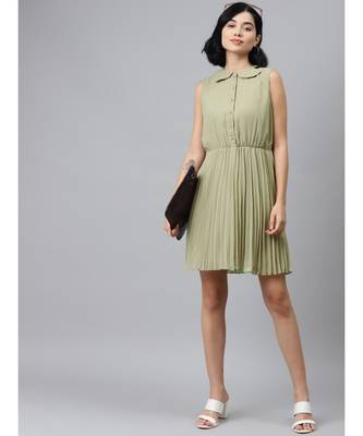 Olive Peterpan Sleeveless Pleated Belted Dress 4