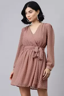 Dusty Pink Wrap Full Sleeve Dress