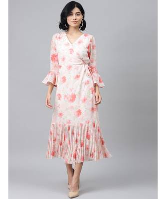 Light Pink Floral Pleated Midi Dress 1