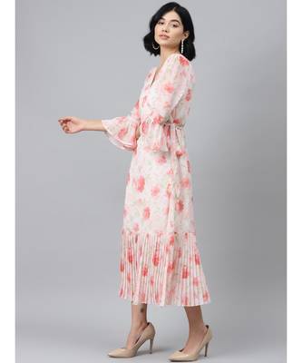 Light Pink Floral Pleated Midi Dress 2