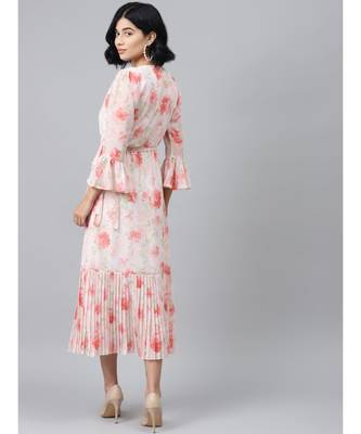 Light Pink Floral Pleated Midi Dress 3