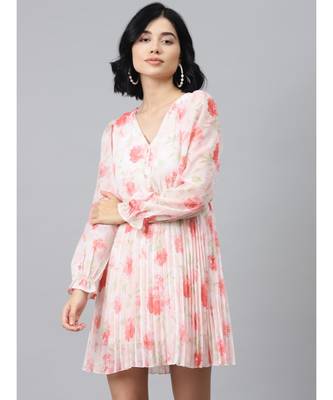 Light Pink Floral Pleated Skater Dress 1