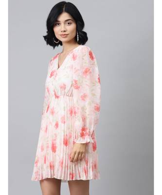 Light Pink Floral Pleated Skater Dress 2