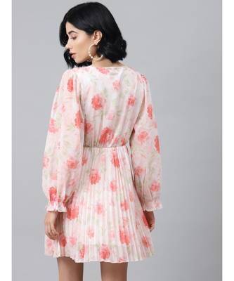 Light Pink Floral Pleated Skater Dress 3