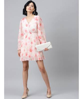 Light Pink Floral Pleated Skater Dress 4