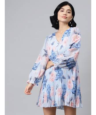 Light Blue Floral Pleated Skater Dress 1