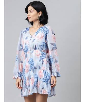 Light Blue Floral Pleated Skater Dress 2
