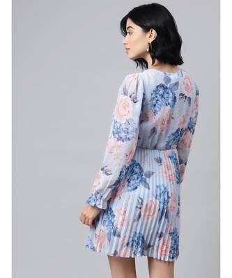 Light Blue Floral Pleated Skater Dress 3