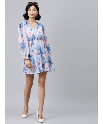 Light Blue Floral Pleated Skater Dress 4