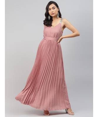 Pink Sequin Straps Pleated Maxi Dress 1