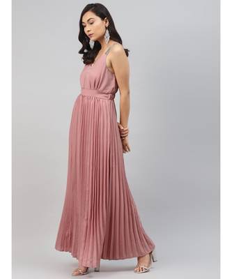 Pink Sequin Straps Pleated Maxi Dress 2