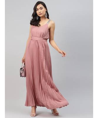 Pink Sequin Straps Pleated Maxi Dress 4