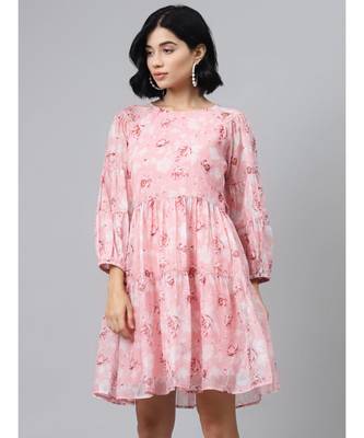 Pink Floral Drop Shoulder Tiered Dress 1