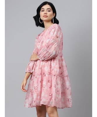 Pink Floral Drop Shoulder Tiered Dress 2