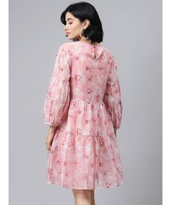 Pink Floral Drop Shoulder Tiered Dress 3