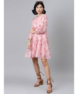 Pink Floral Drop Shoulder Tiered Dress 4