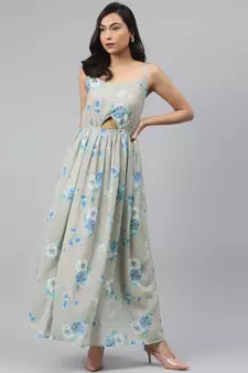Olive Floral Front Cut Out Maxi Dress