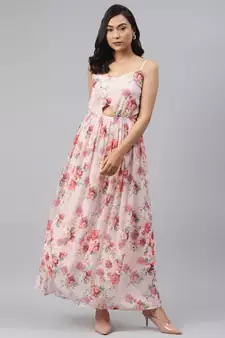 Peach Floral Front Cut Out Maxi Dress