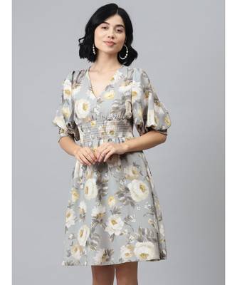Grey Floral Puff Sleeve Smocked Dress 1