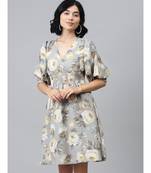 Grey Floral Puff Sleeve Smocked Dress