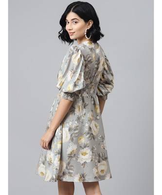 Grey Floral Puff Sleeve Smocked Dress 3