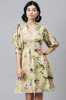 Mint Green Floral Puff Sleeve Smocked Dress
