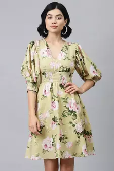 Mint Green Floral Puff Sleeve Smocked Dress