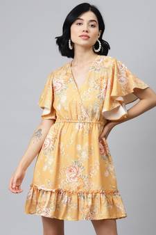 Mustard Floral Wrap Fit & Flare Dress