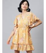 Mustard Floral Wrap Fit & Flare Dress