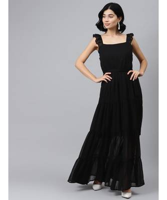 Black Frilly Straps Tiered Maxi Dress 1