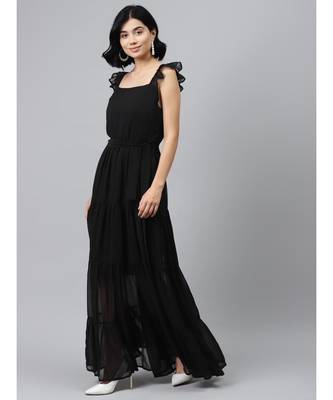 Black Frilly Straps Tiered Maxi Dress 2