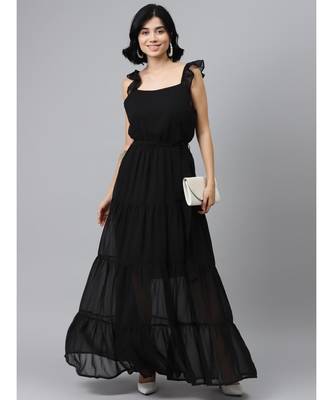 Black Frilly Straps Tiered Maxi Dress 4