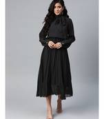 Black Neck Tie-Up Pleated Dress