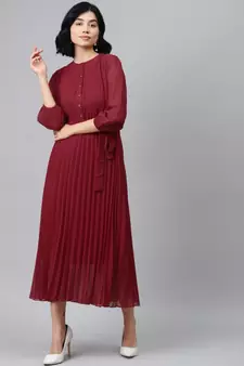 Maroon Pleated Midi Dress