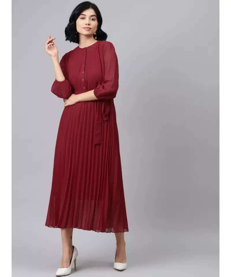 Maroon Pleated Midi Dress