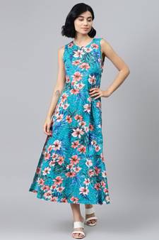 Blue Floral Sleeveless Jersey Maxi Dress