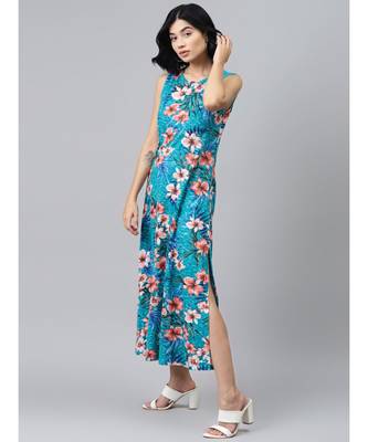 Blue Floral Sleeveless Jersey Maxi Dress 2