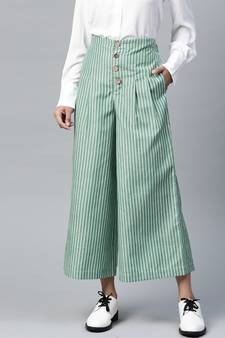 Green Stripes Front Button Flared Pants