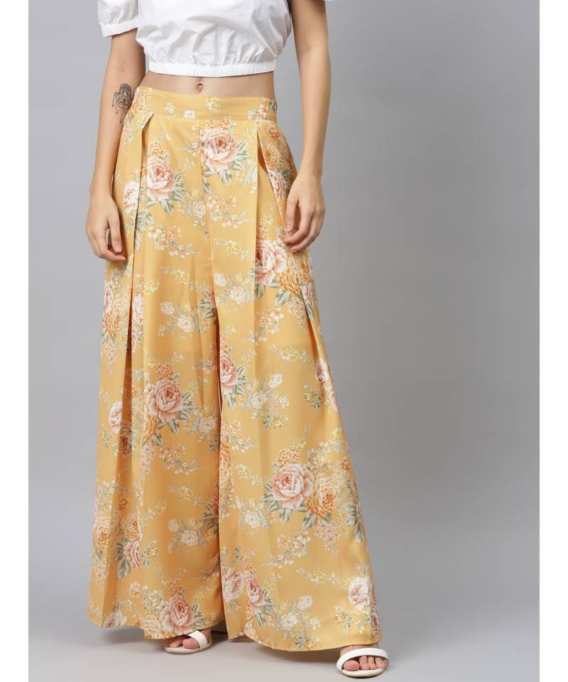 Mustard Floral Pleated Palazzo Pants SASSAFRAS 3465016